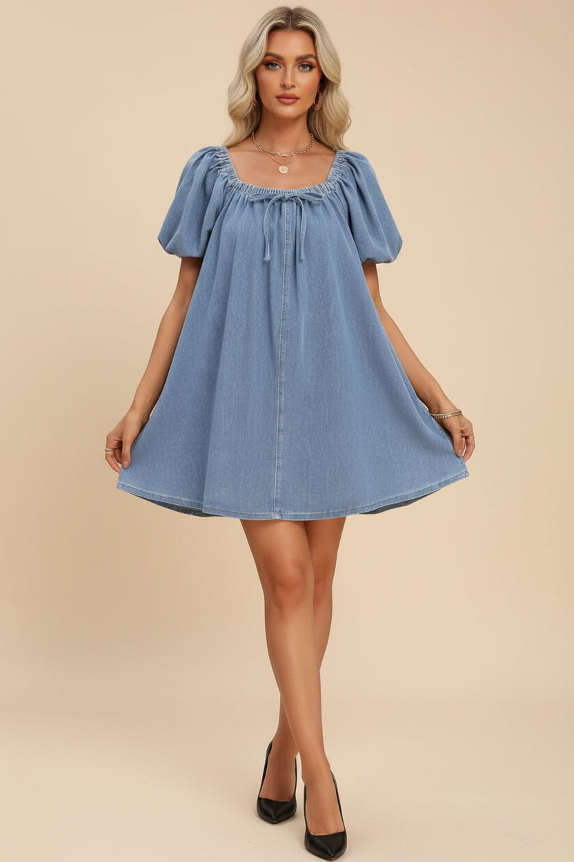 denim tie shoulder dress Tie Shoulder Square Neck Tiered Corset Denim Mini Dress in Dark Wash L