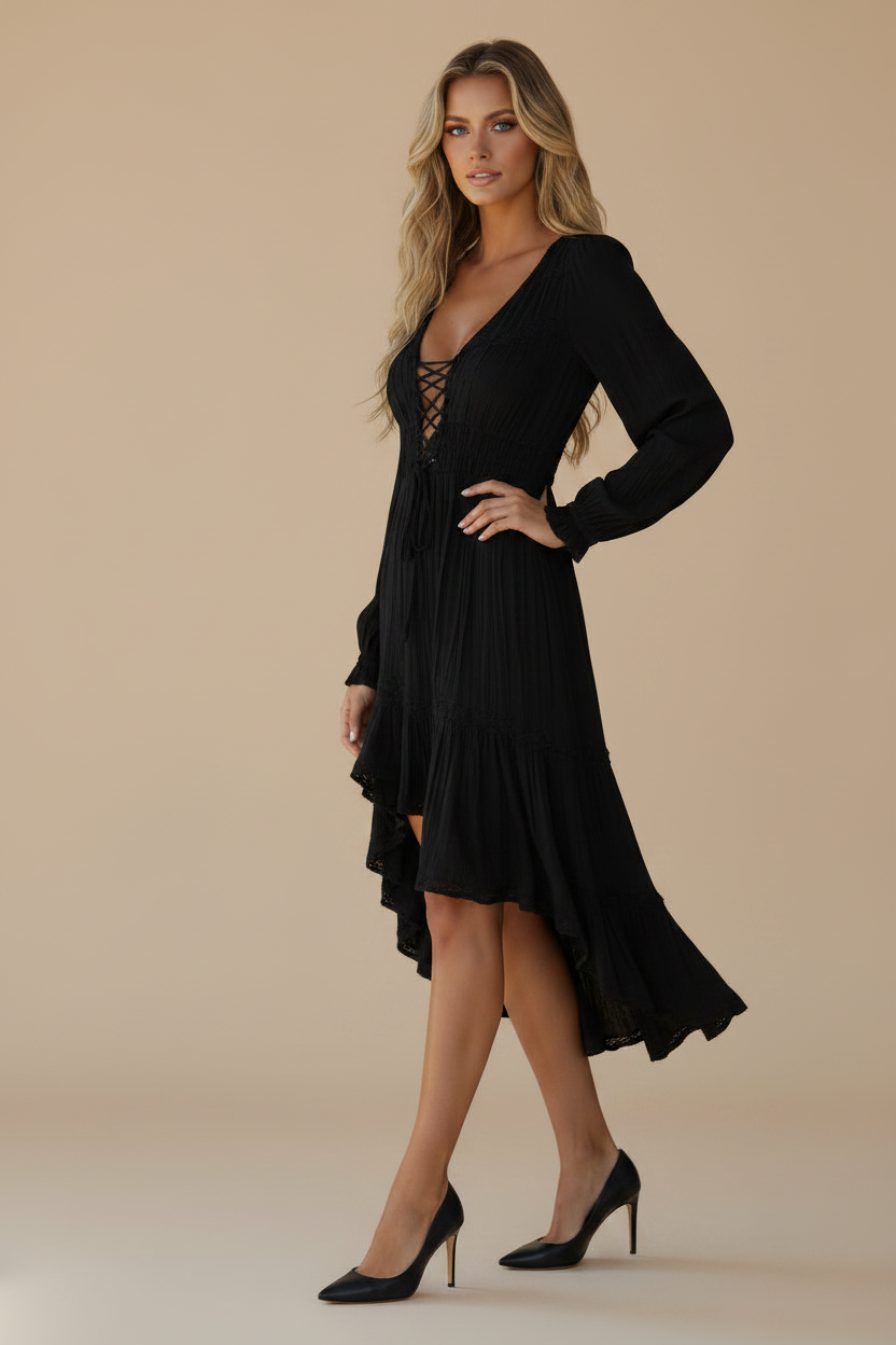Smocked Boho Long Sleeve Dress with Lace Detail
