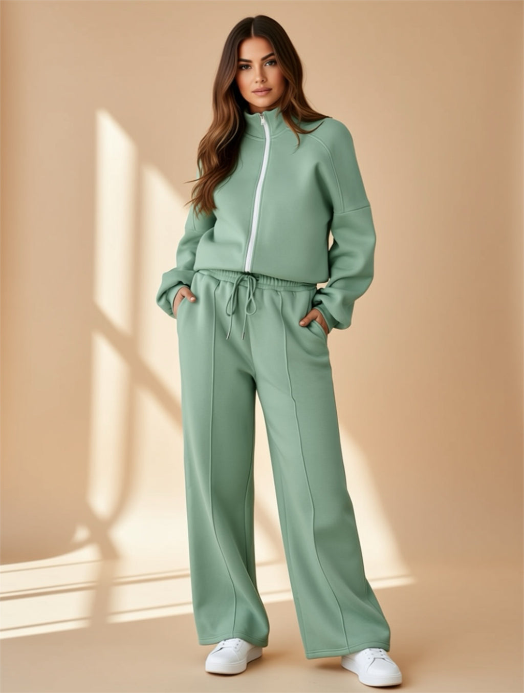 Ensemble de détente deux pièces à fermeture éclair – Pantalon large à cordon de serrage et veste à poches