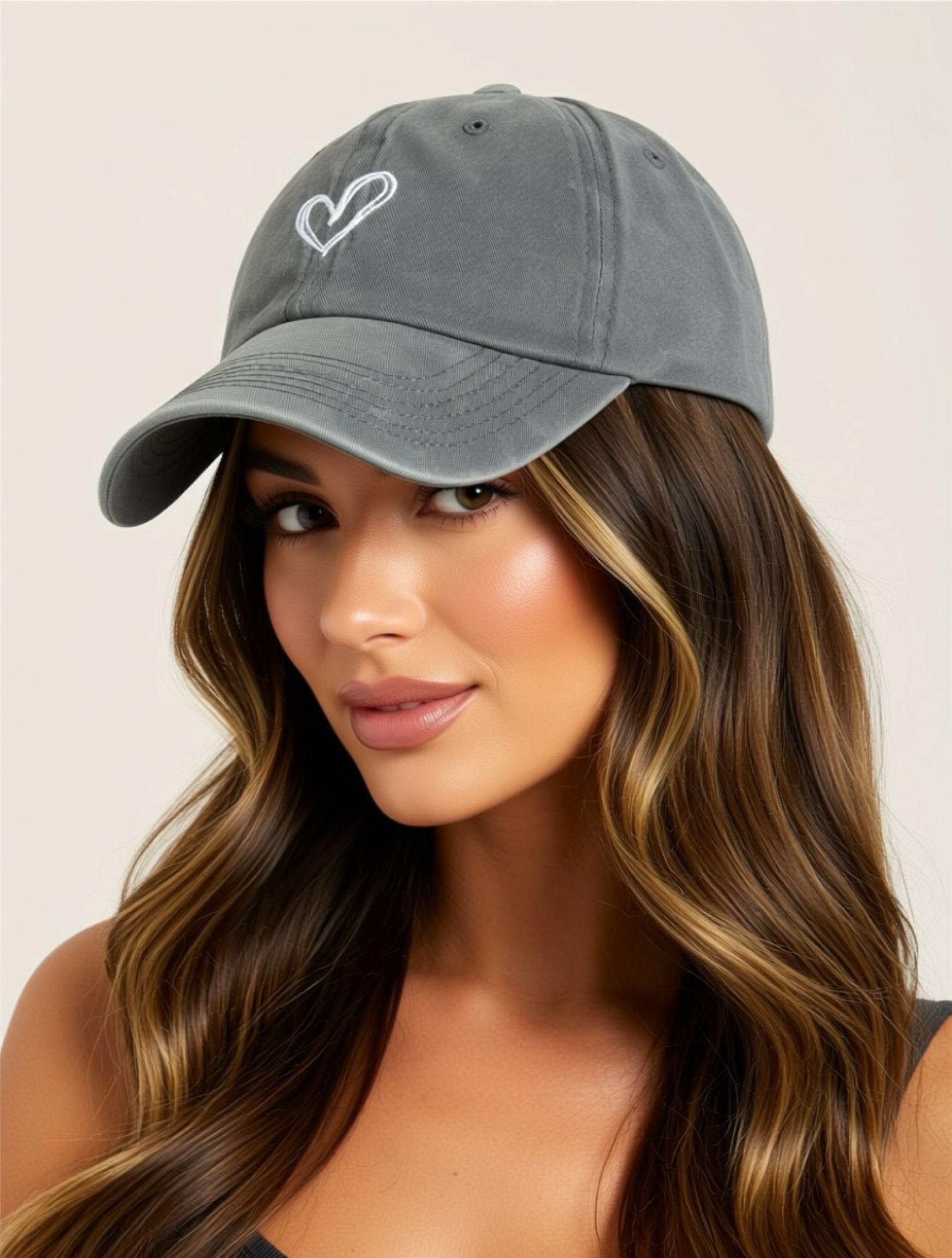 Washed Cotton Heart Embroidered Baseball Cap