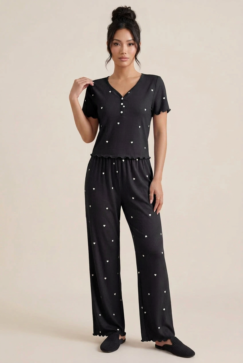 Women’s Ribbed Heart-Print Two-Piece Pajama Pants Set
