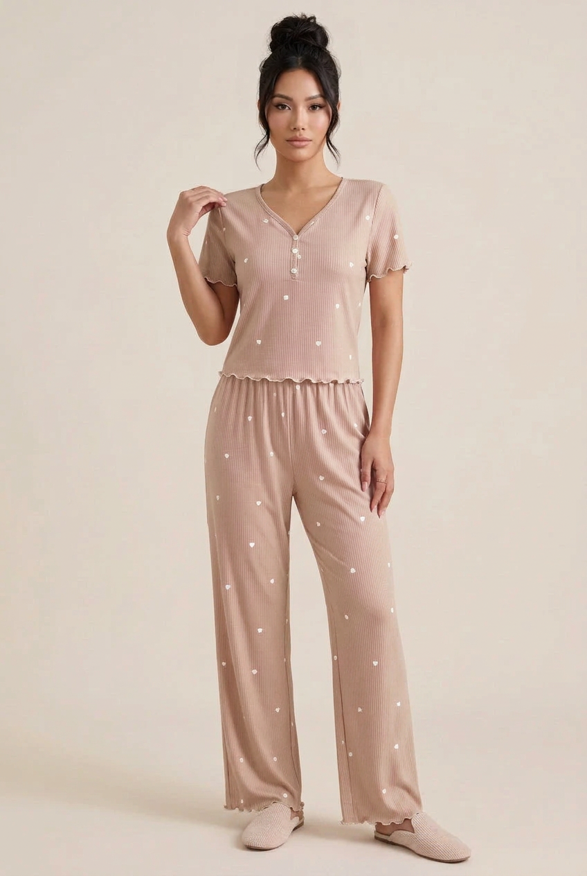 Women’s Ribbed Heart-Print Two-Piece Pajama Pants Set