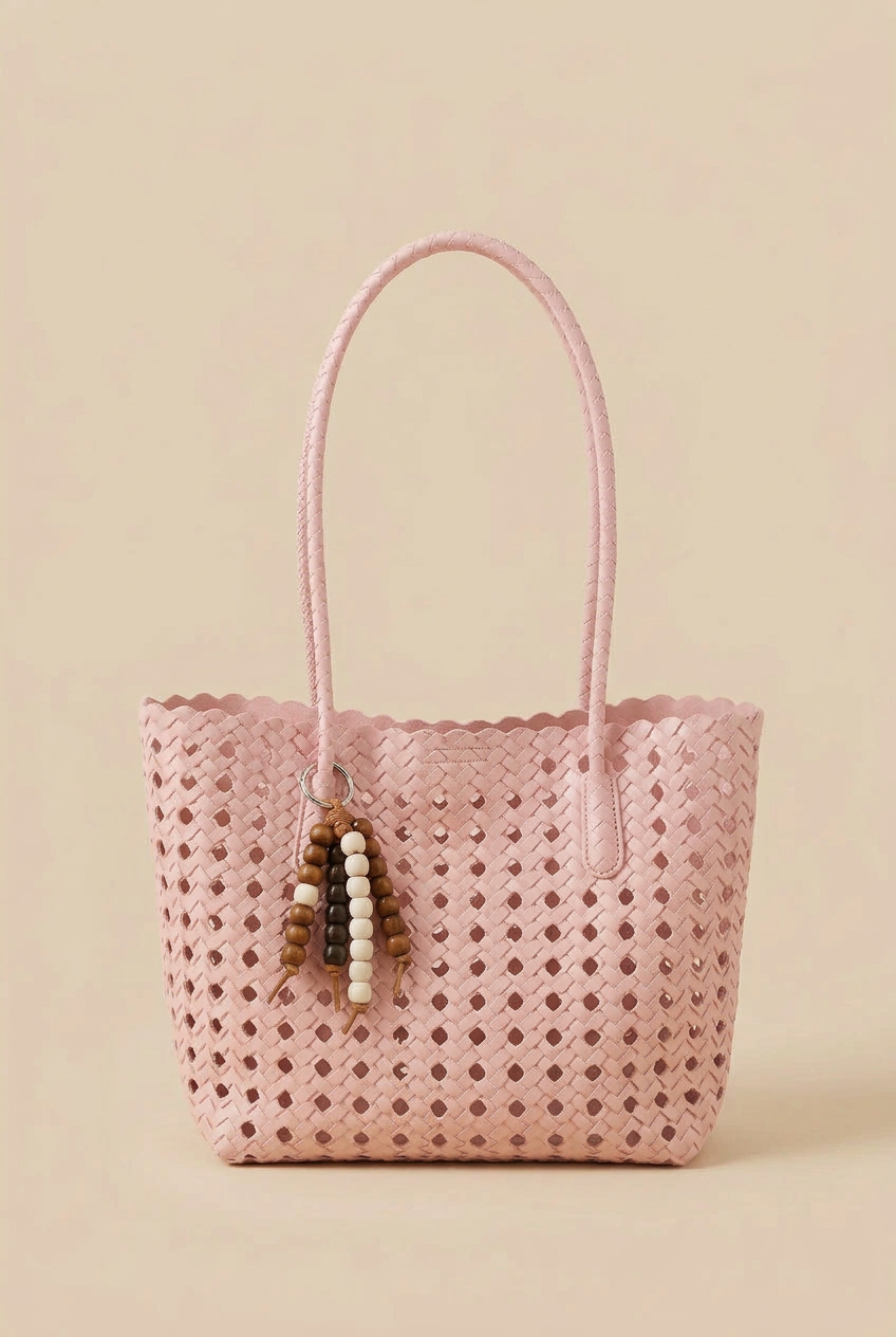 Medium Woven PU Leather Tote Bag with Beaded Charm