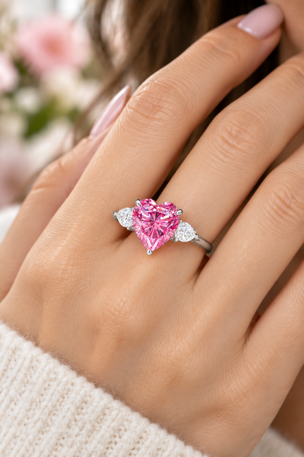6 Carat Pink Heart-Cut Moissanite .925 Sterling Silver Ring