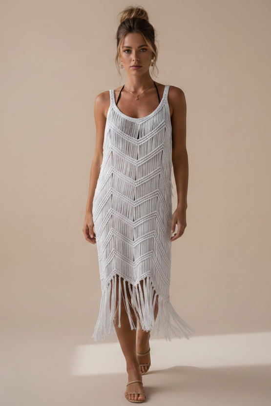 Boho Crochet Knit Beach Cover-Up with Tassel Hem