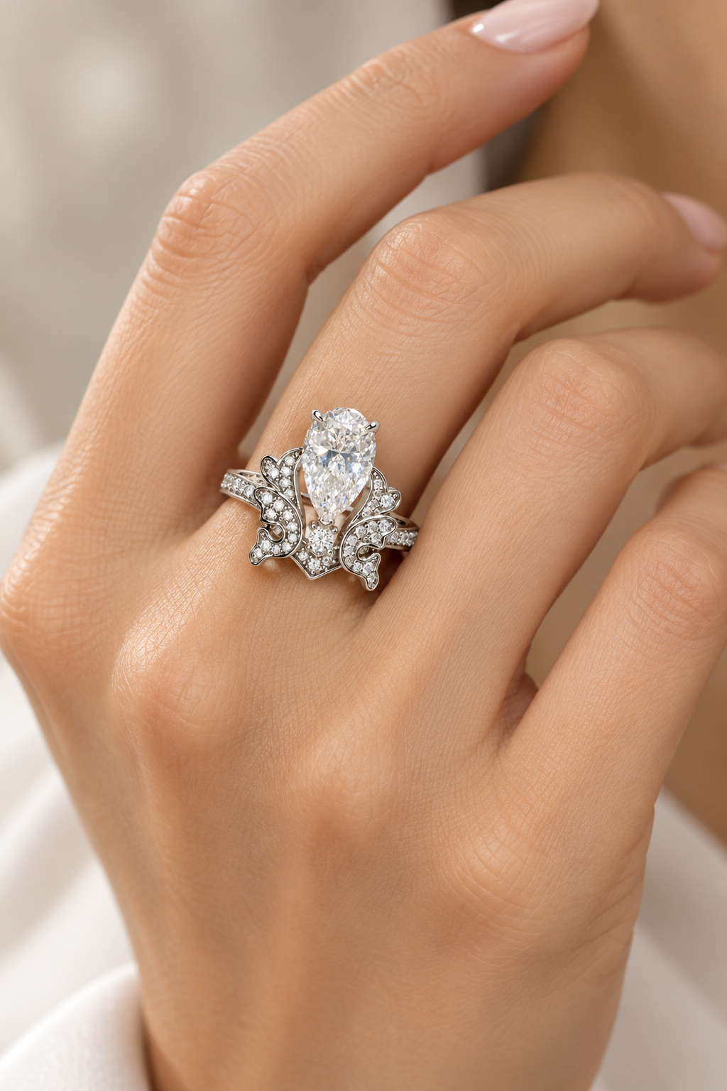 5 Carat Pear-Cut Moissanite Fleur-de-Lis .925 Sterling Silver Ring