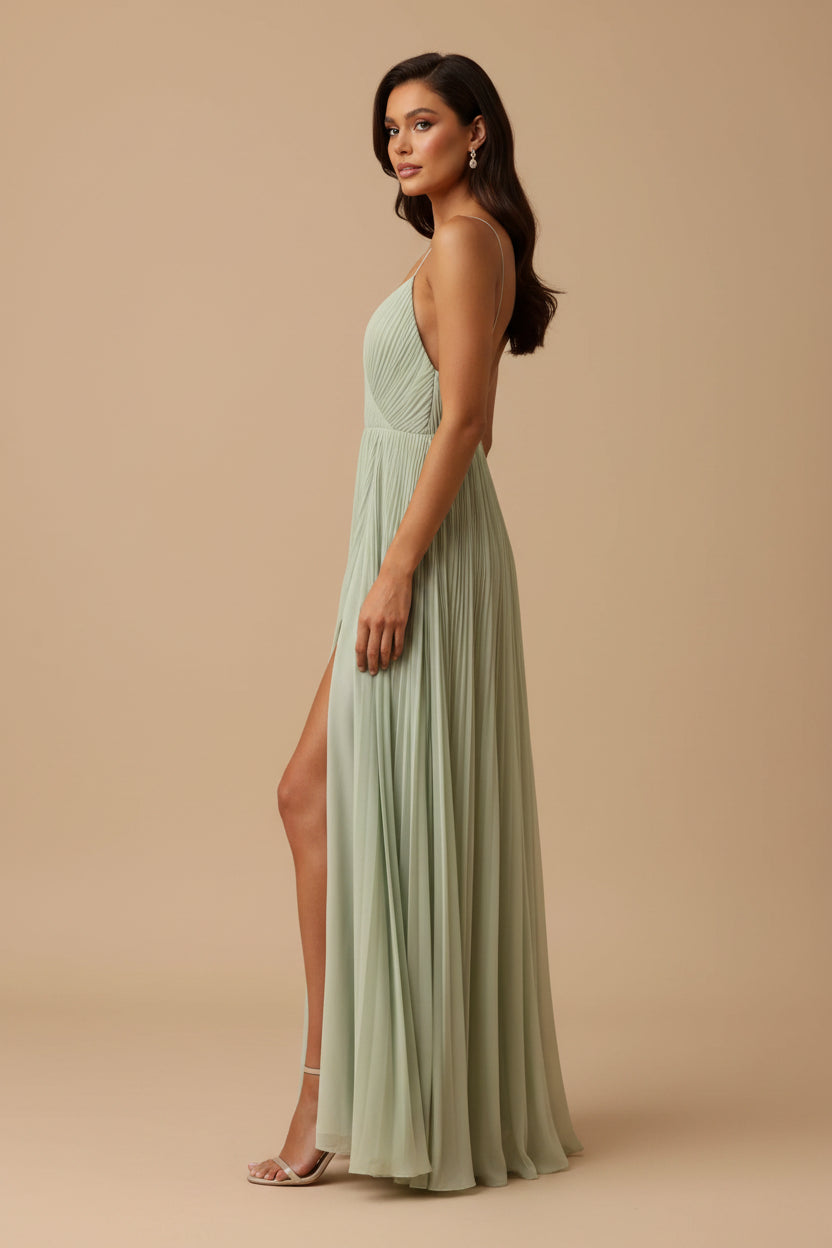 Pleated Wrap V-Neck Maxi Dress