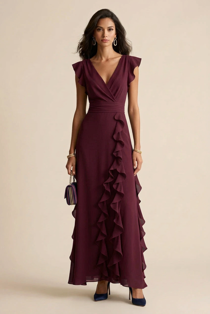 Ruffled Surplice V-Neck Formal Maxi Dress
