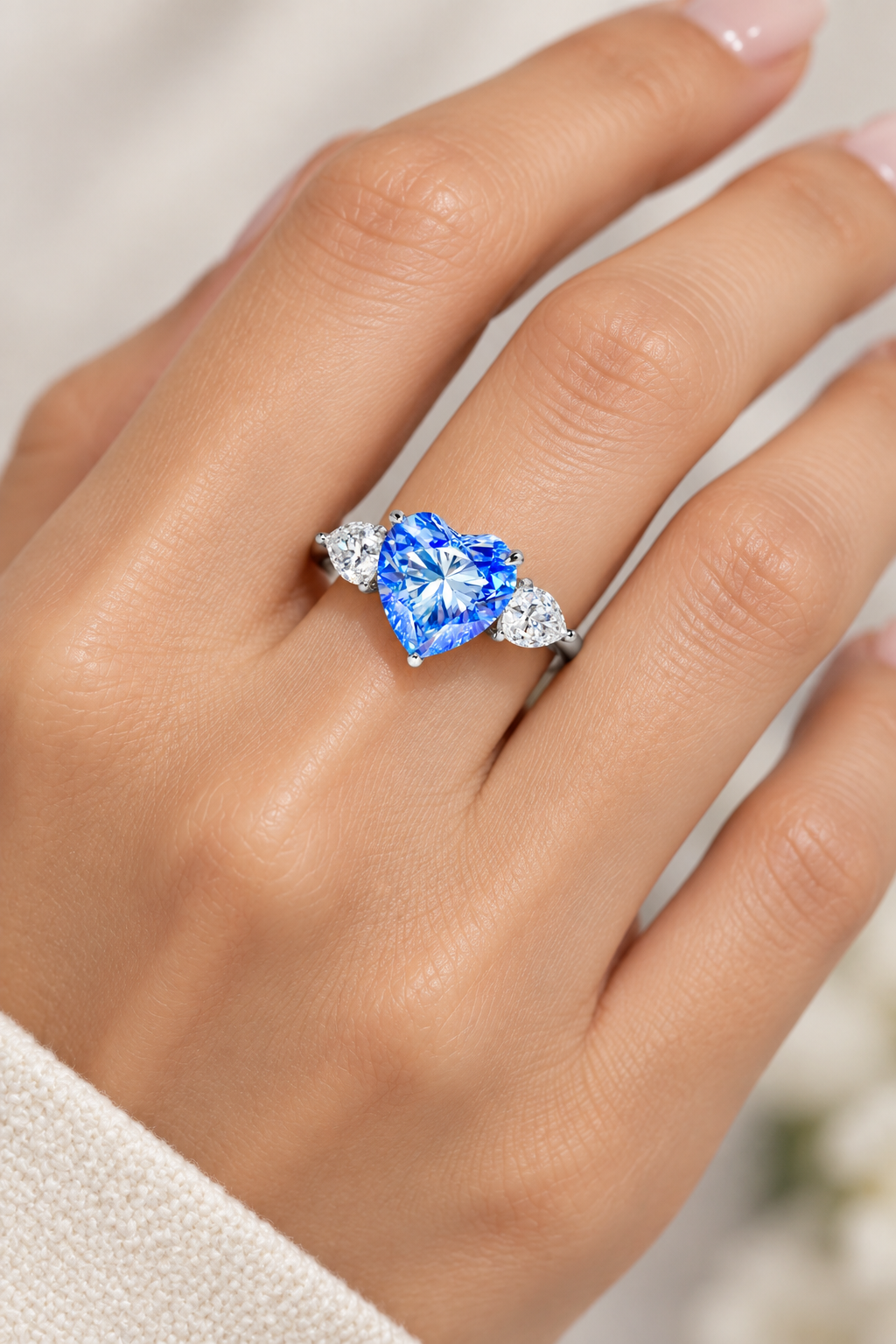 6CT Blue Heart-Cut Moissanite Three-Stone Ring in .925 Sterling Silver