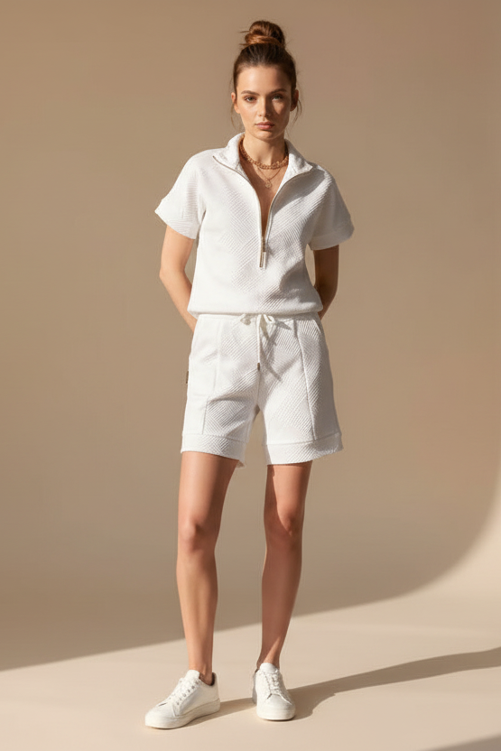 Textured Half-Zip Top and Drawstring Shorts Two-Piece Set