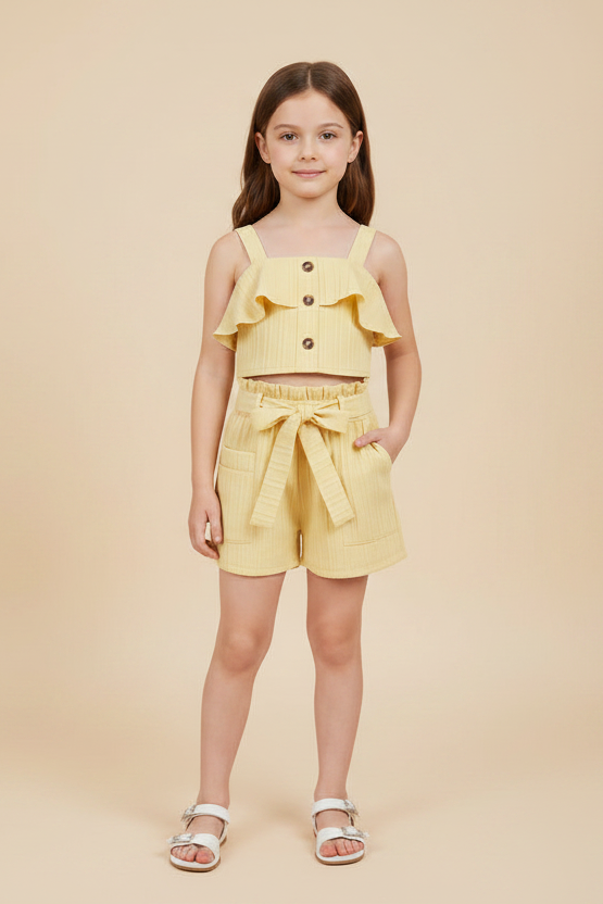 Girls Lavender Ruffle Crop Top and Belted Shorts Set – Lightweight 2-Piece Summer Outfit