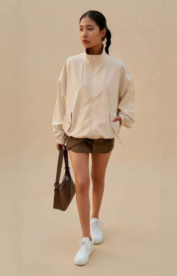 Lightweight Zip-Up Stand-Collar Utility Jacket with Drawstring Hem and Pockets