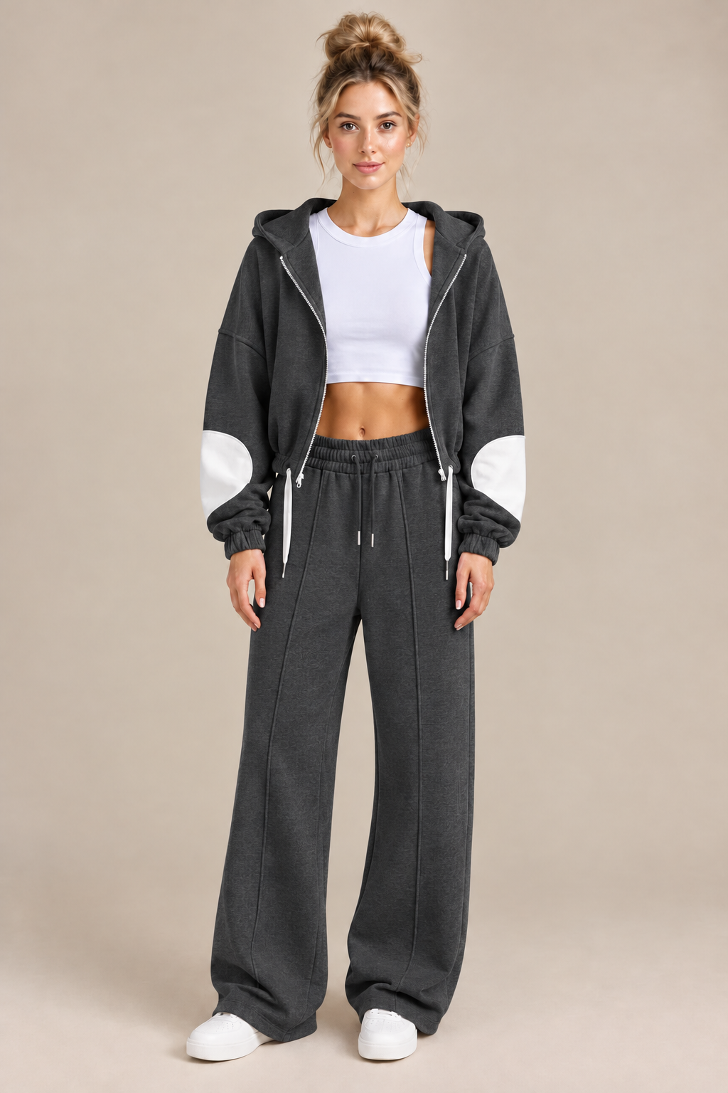 Cropped Zip-Up Drawstring Hoodie and Wide-Leg Pants Two-Piece Set