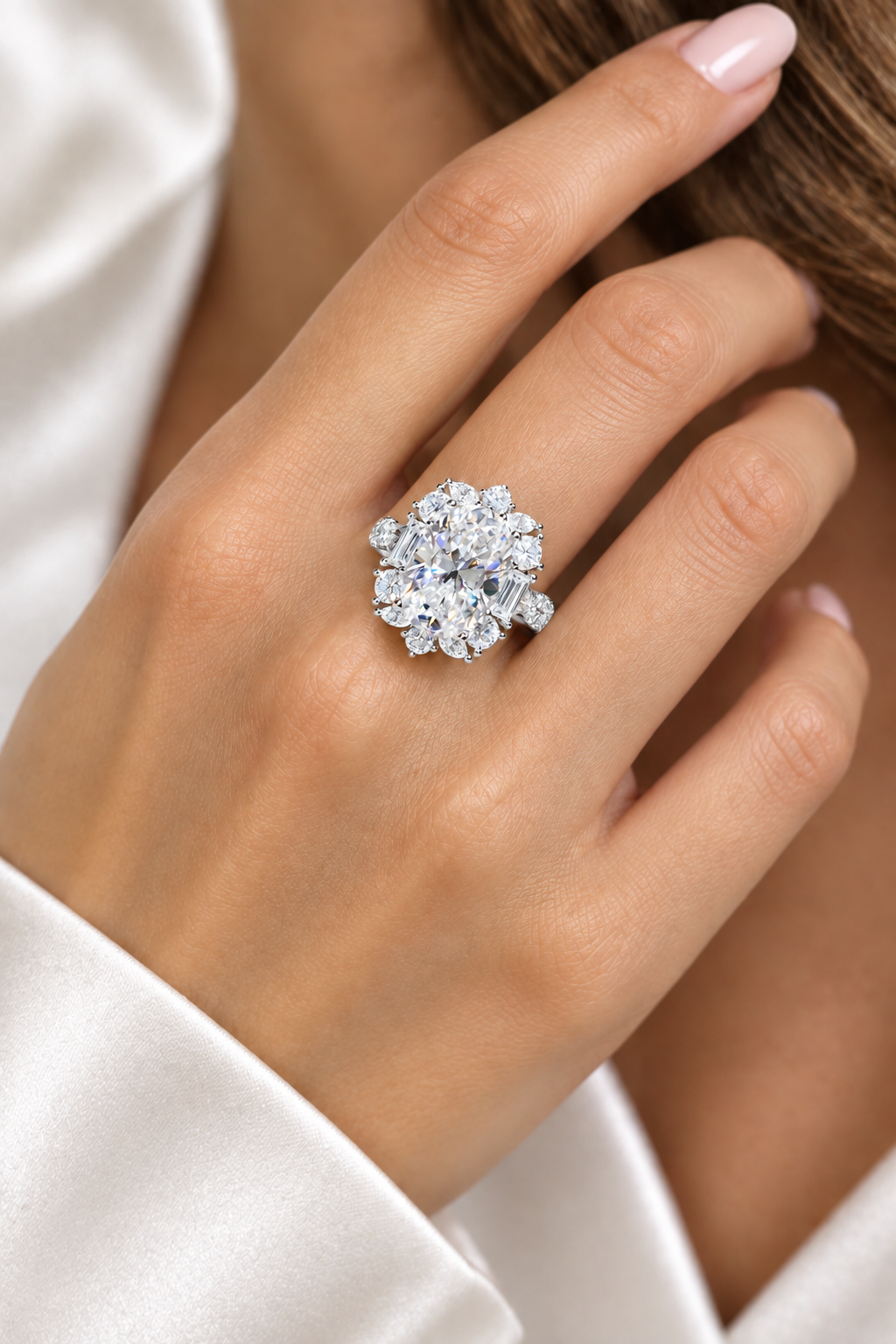 8 Carat Oval-Cut Moissanite Halo .925 Sterling Silver Ring