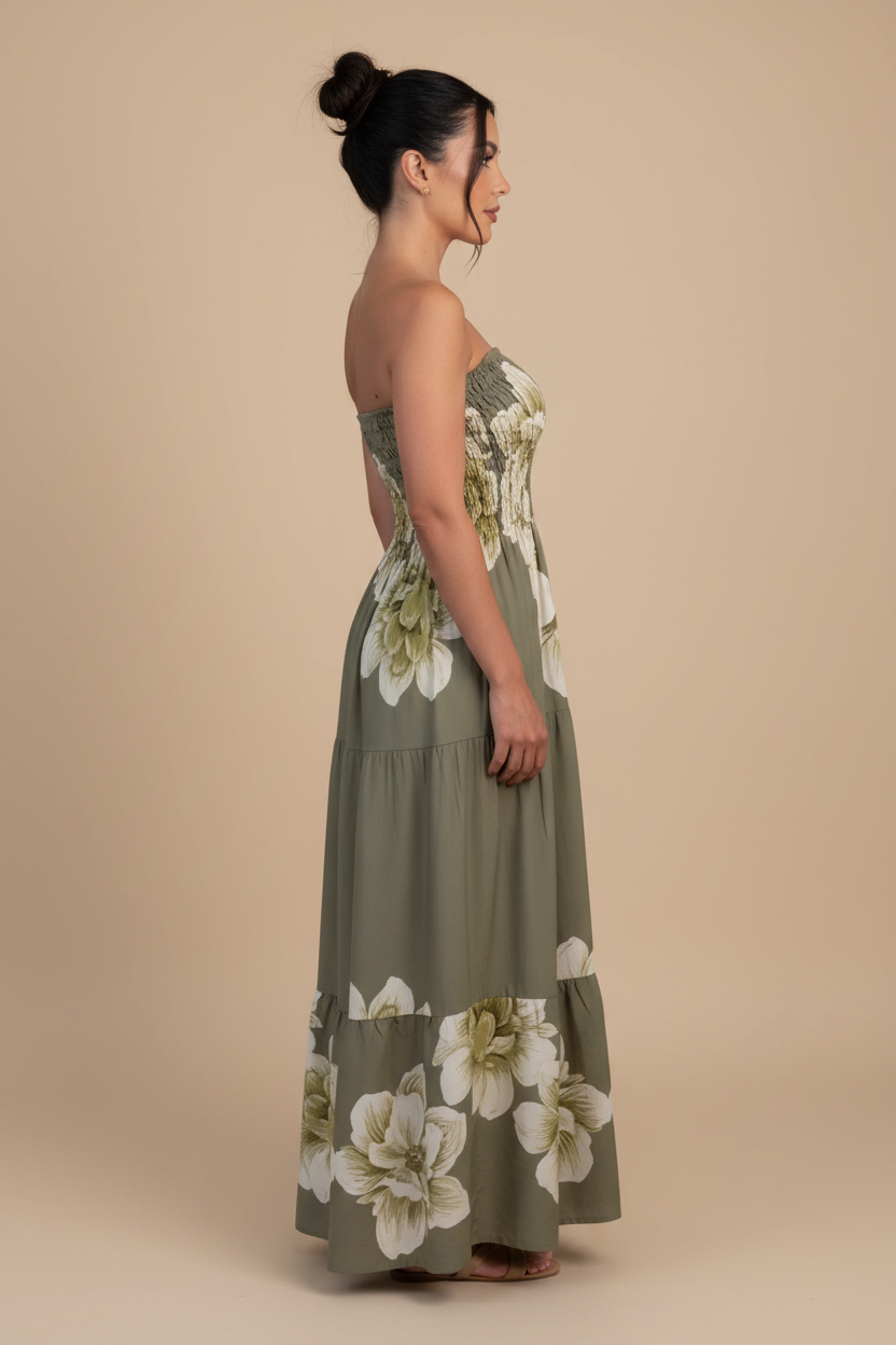Smocked Floral Strapless Maxi Dress