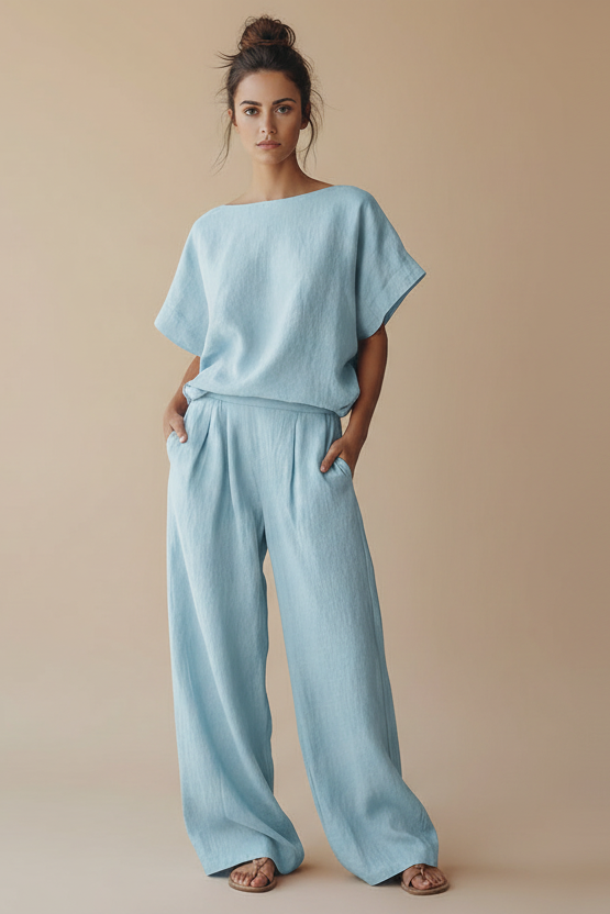 Women’s Two-Piece Wide-Leg Pant Set with Pockets