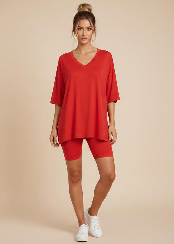Oversized V-Neck 2 Piece Biker Shorts Set with Side Slit Top