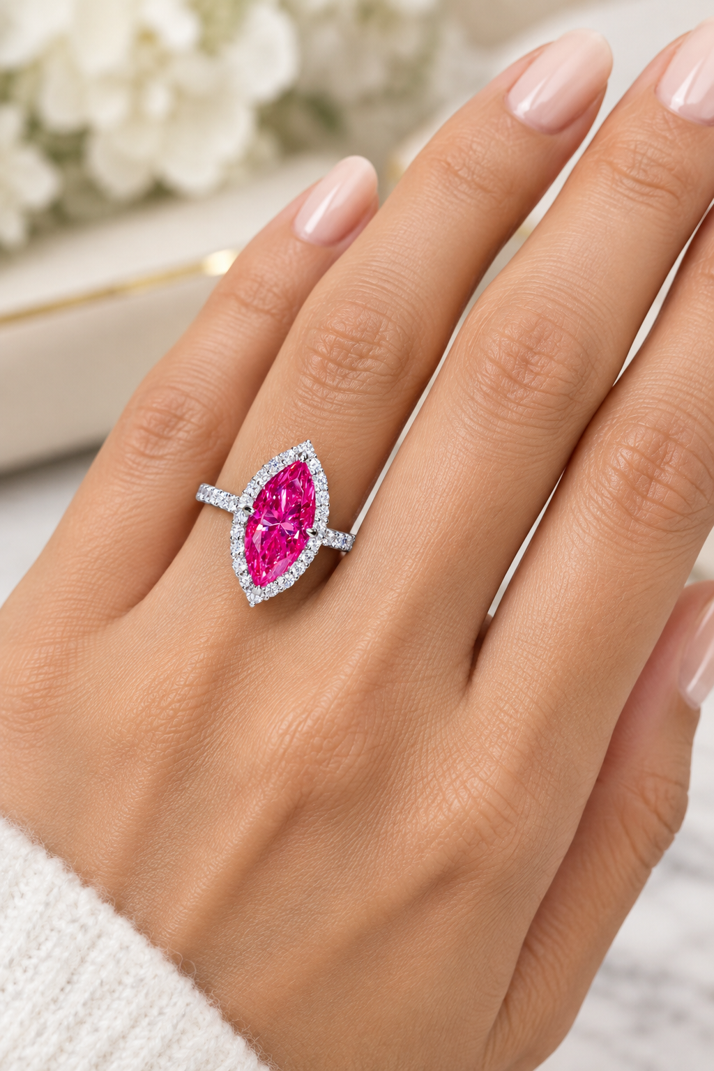 5 Carat Pink Marquise-Cut Moissanite Halo Sterling Silver Ring