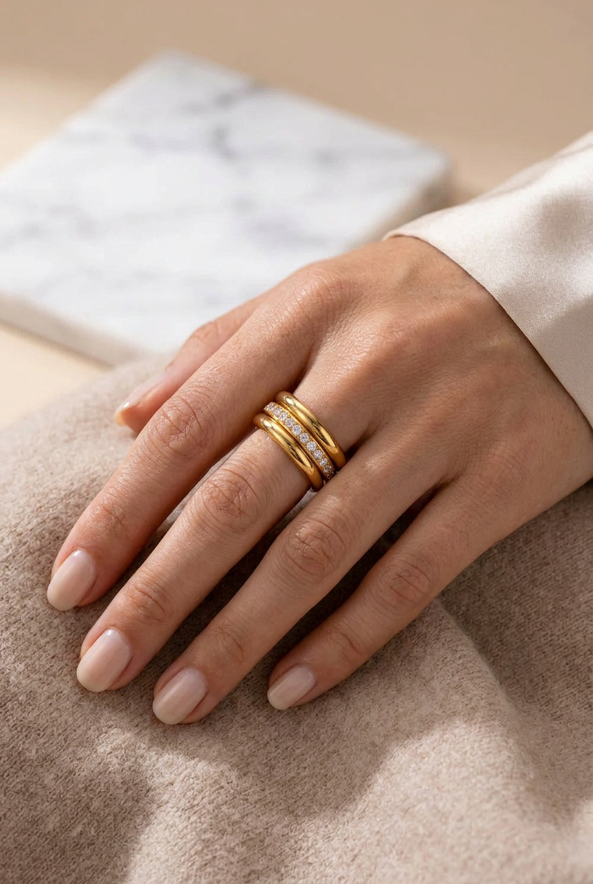 18K Gold-Plated Zircon Stacking Rings, 3-Piece Set