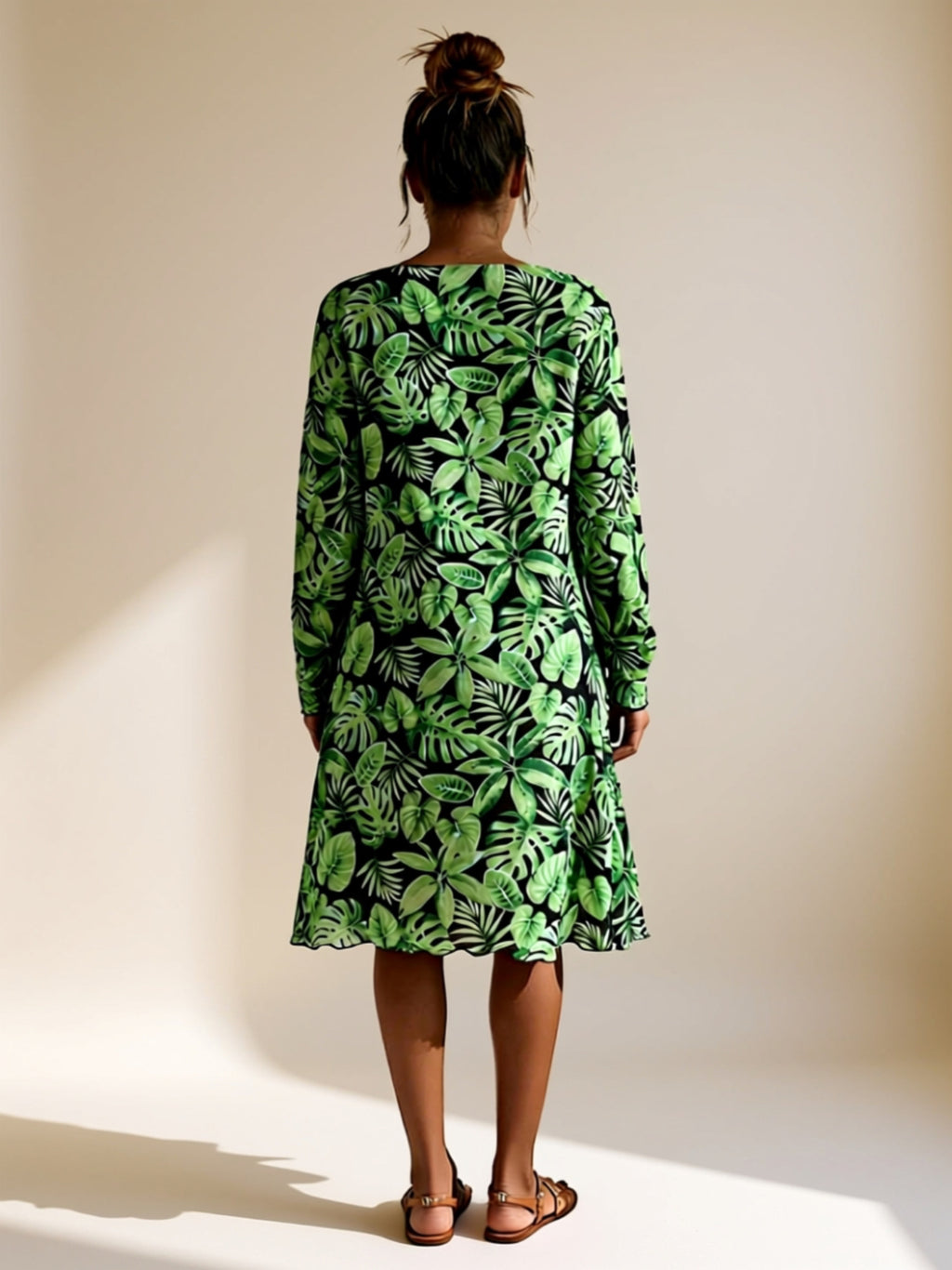 Tropical Print 3-Piece Bikini Set with Long Sleeve Kimono Cover-Up