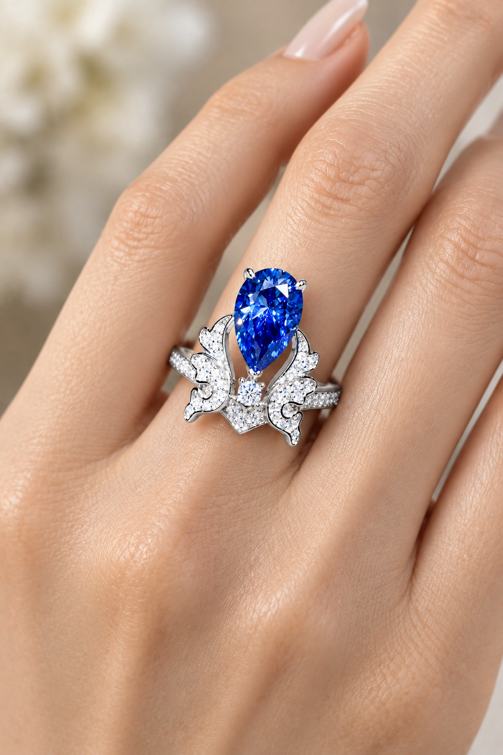 3CT Blue Pear-Cut Moissanite Butterfly Ring in 925 Sterling Silver