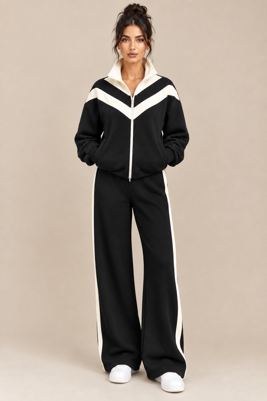 Color Block Zip-Up Jacket and Wide-Leg Pants Two-Piece Set