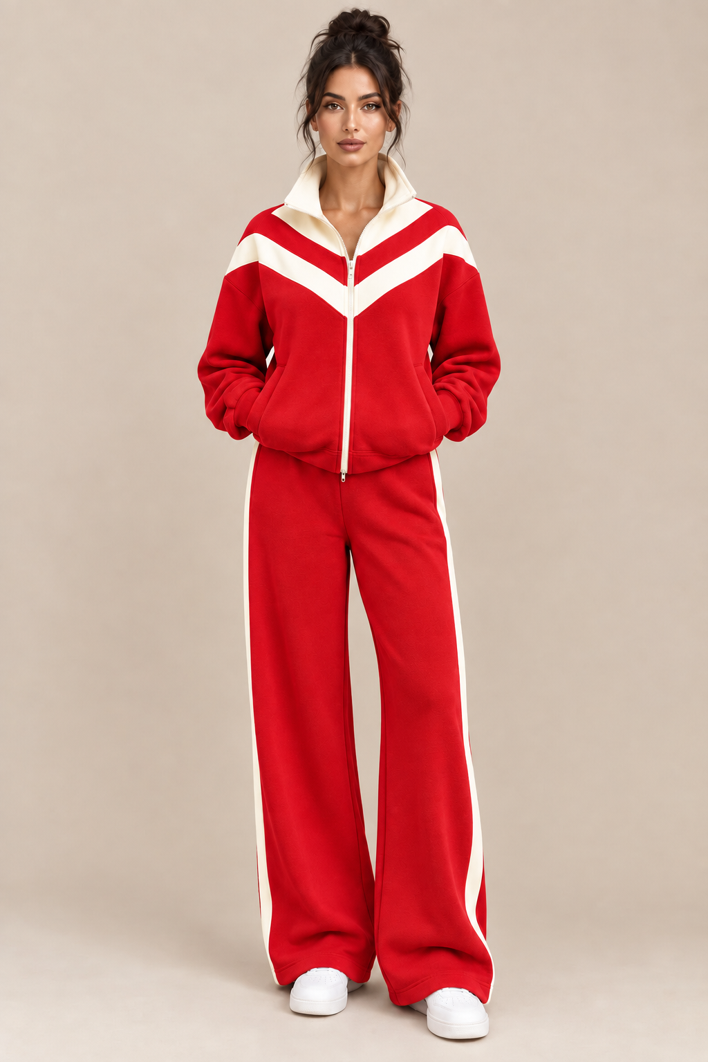 Color Block Zip-Up Jacket and Wide-Leg Pants Two-Piece Set