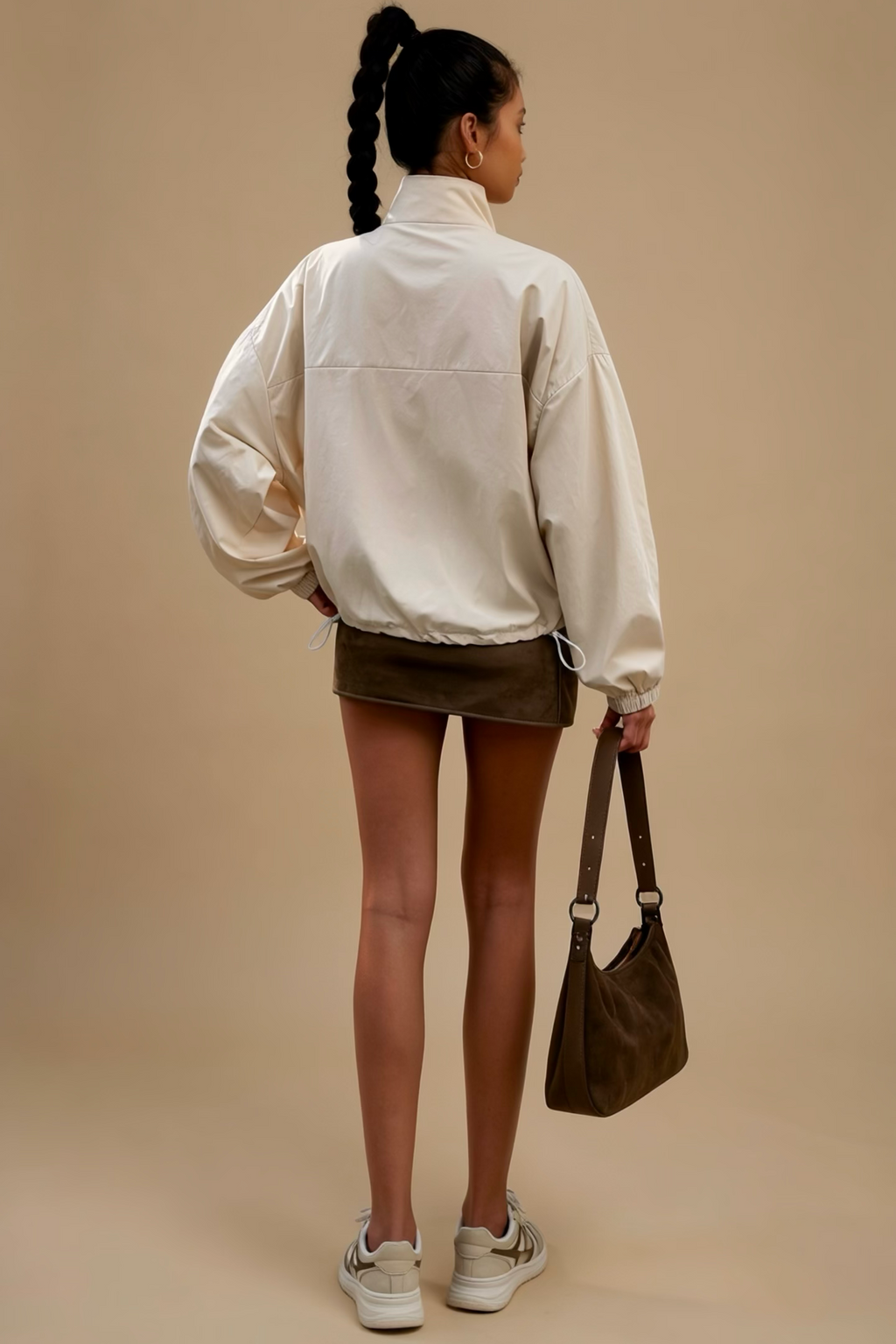 Lightweight Zip-Up Stand-Collar Utility Jacket with Drawstring Hem and Pockets