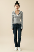 Fitted Ribbed Knit Zip-Up Hooded Cardigan