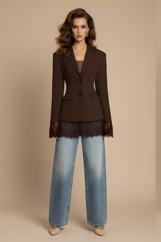 Lace-Trim Button-Front Tailored Blazer with Pockets