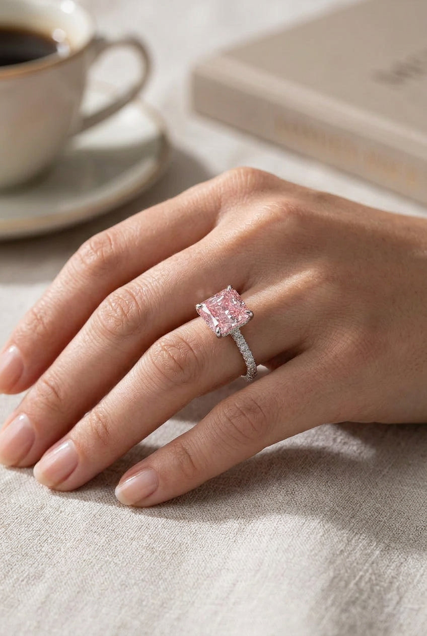 Pink Square-Cut Zircon 925 Sterling Silver Ring