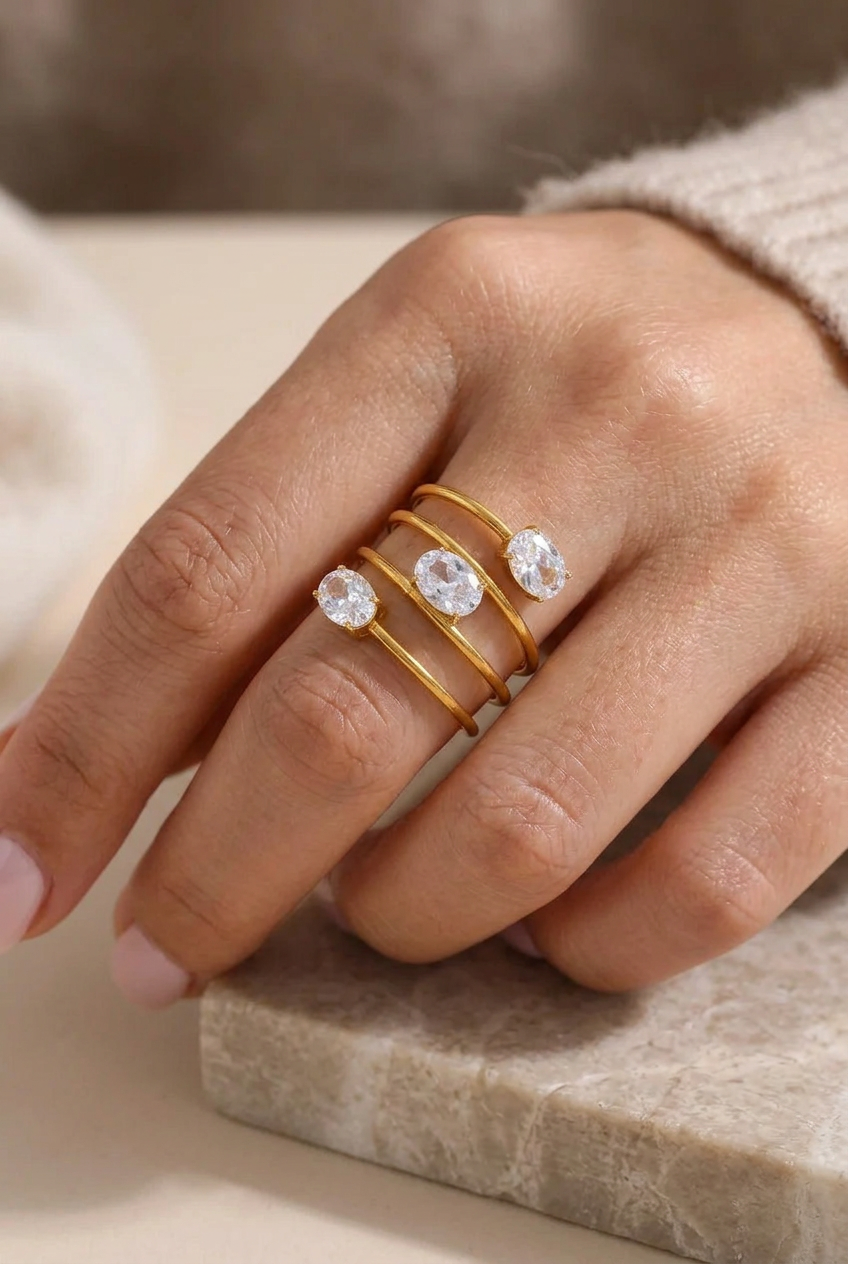 18K Gold-Plated Adjustable Spiral Ring with Oval Zircon Stones