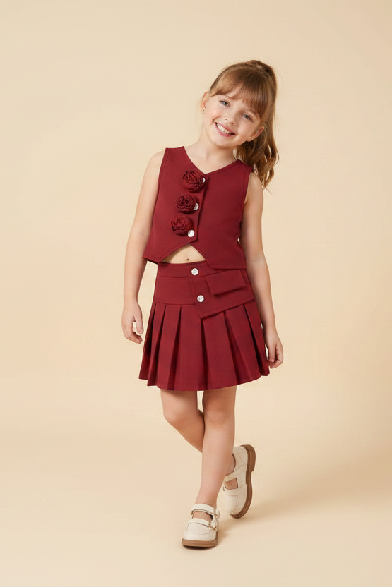 Girls Pink Floral Top & Pleated Skirt Set, 2-Piece Dressy Party Outfit