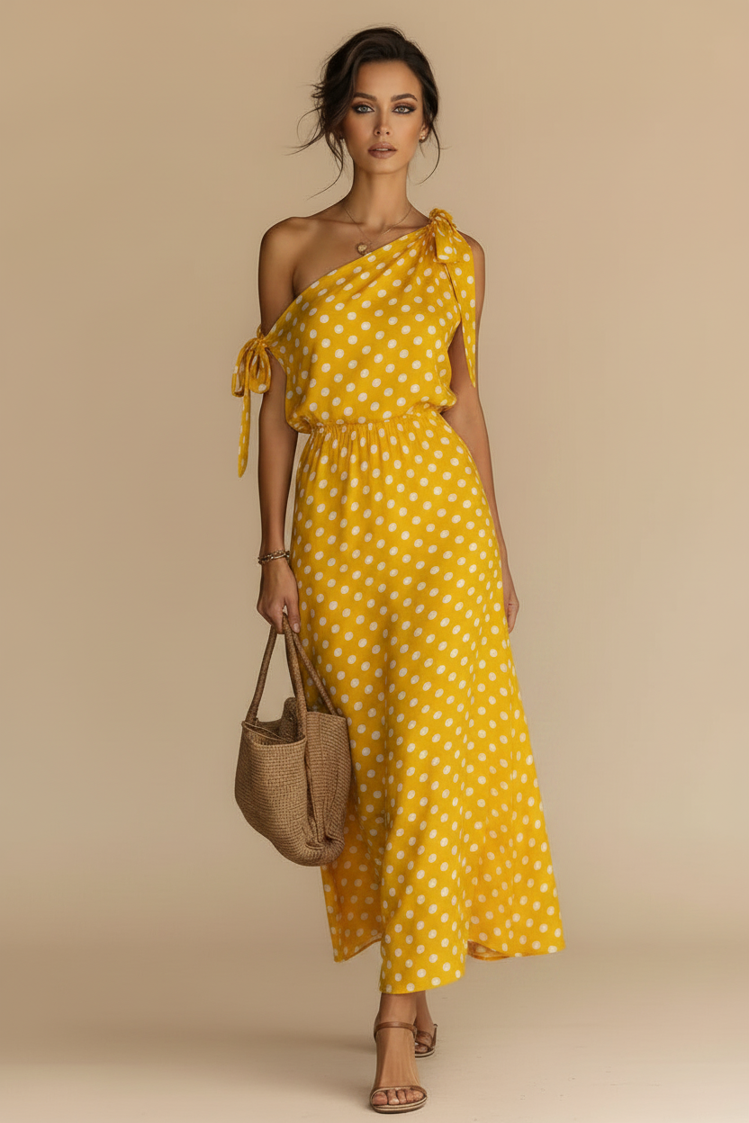 Polka Dot One-Shoulder Maxi Dress