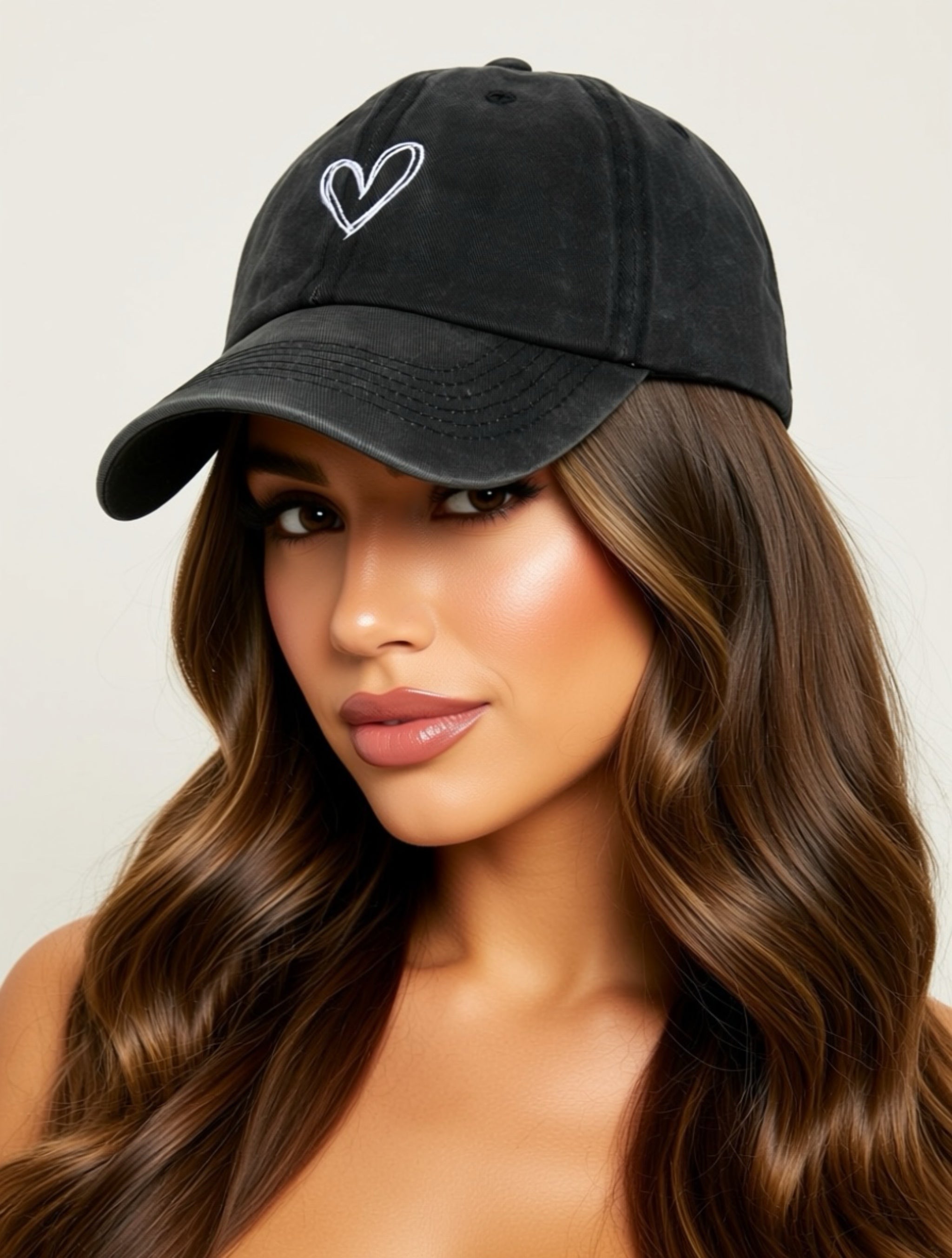 Washed Cotton Heart Embroidered Baseball Cap