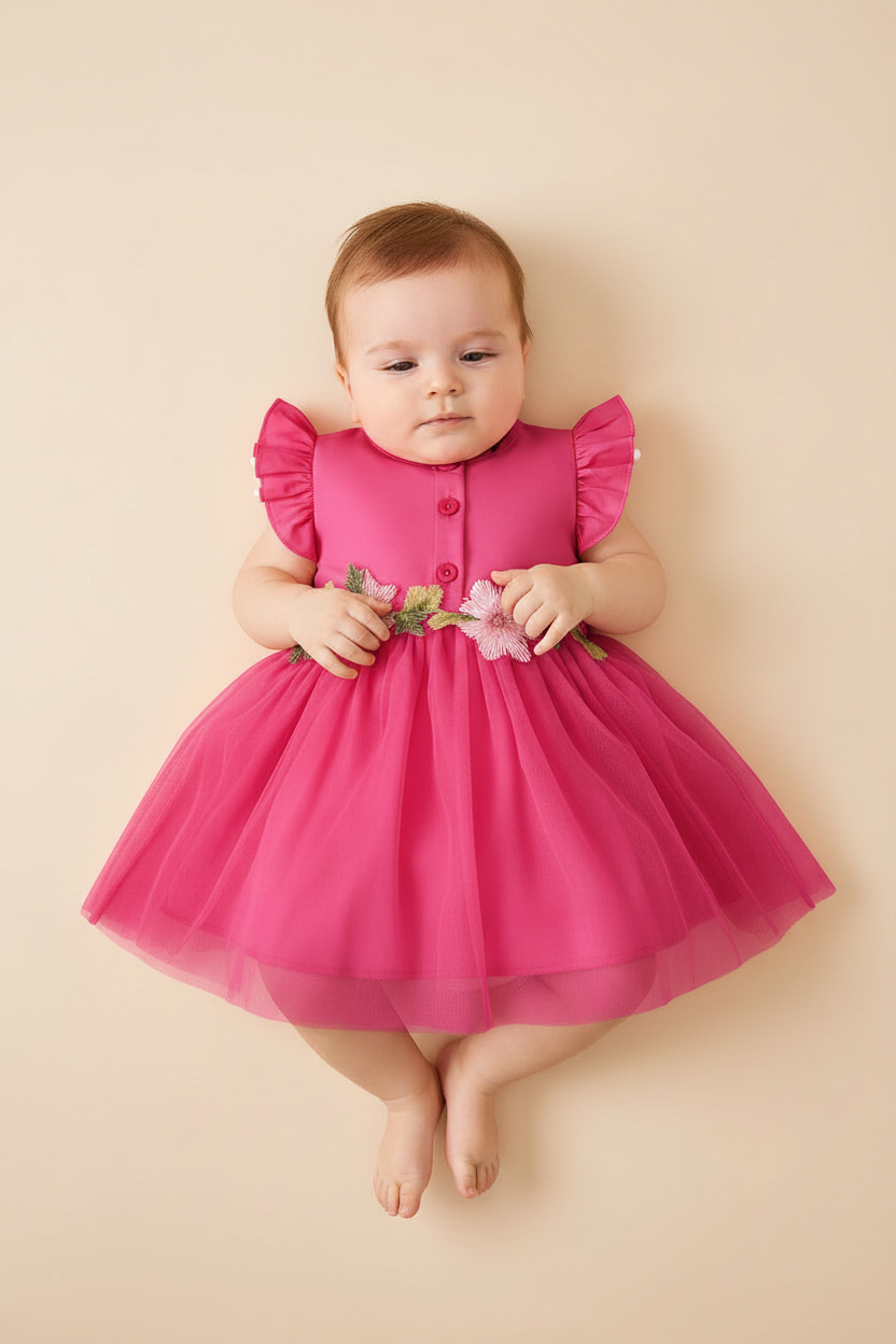 Baby Coral Pink Floral Tulle Dress with Flutter Sleeves