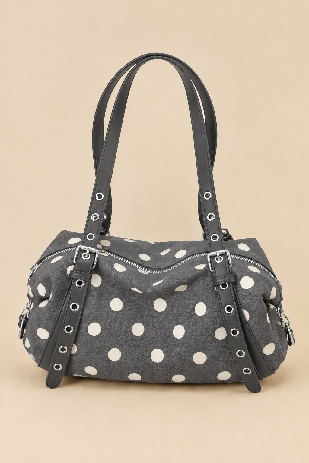 Small Polka-Dot Suede Shoulder Bag with Grommet Straps