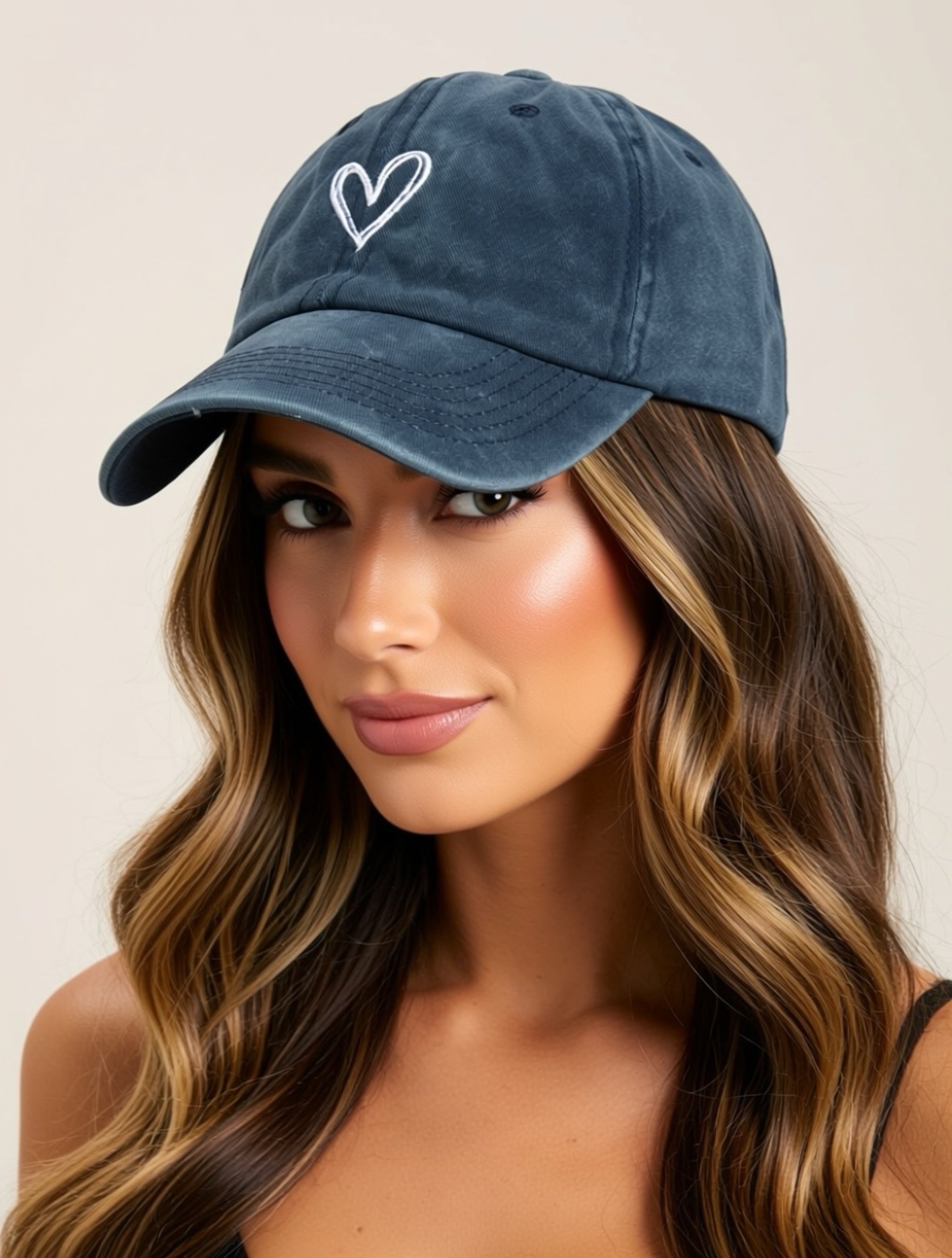 Washed Cotton Heart Embroidered Baseball Cap