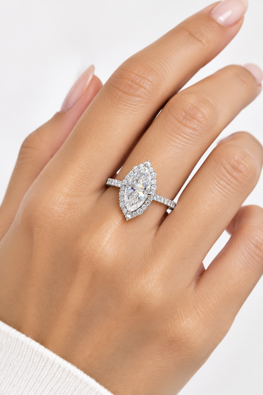 3 Carat Marquise-Cut Moissanite Halo 925 Sterling Silver Ring