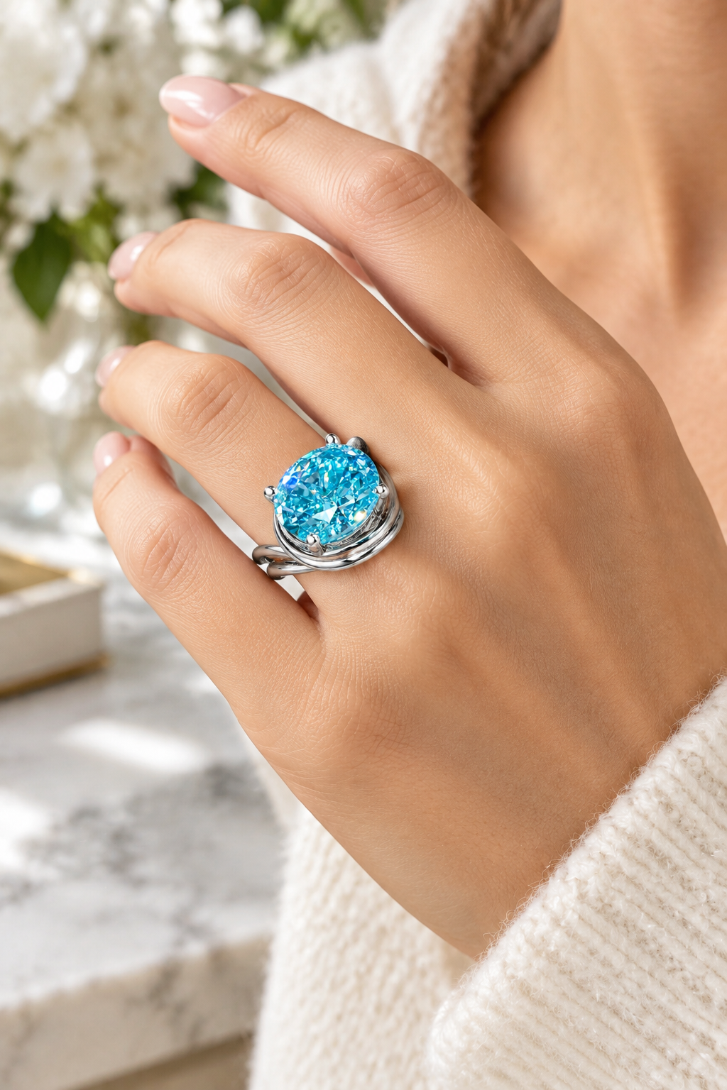 5CT Aqua Blue Round-Cut Moissanite Swirl Ring in .925 Sterling Silver