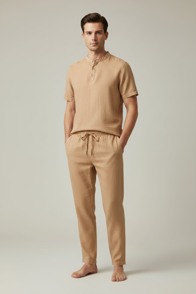 Blue Two-Piece Pant Set with Short-Sleeve Henley Shirt & Drawstring Pants