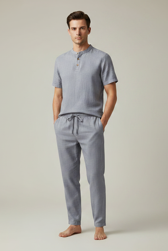 Blue Two-Piece Pant Set with Short-Sleeve Henley Shirt & Drawstring Pants