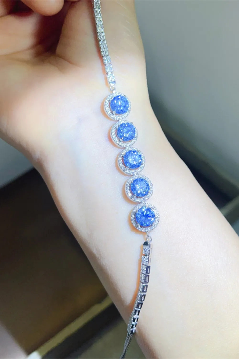 5 Carat Blue Moissanite Five-Stone Adjustable Bracelet in Platinum-Plated .925 Sterling Silver