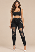 High-Waisted Distressed Skinny Jeans with Asymmetrical Crossover Waist