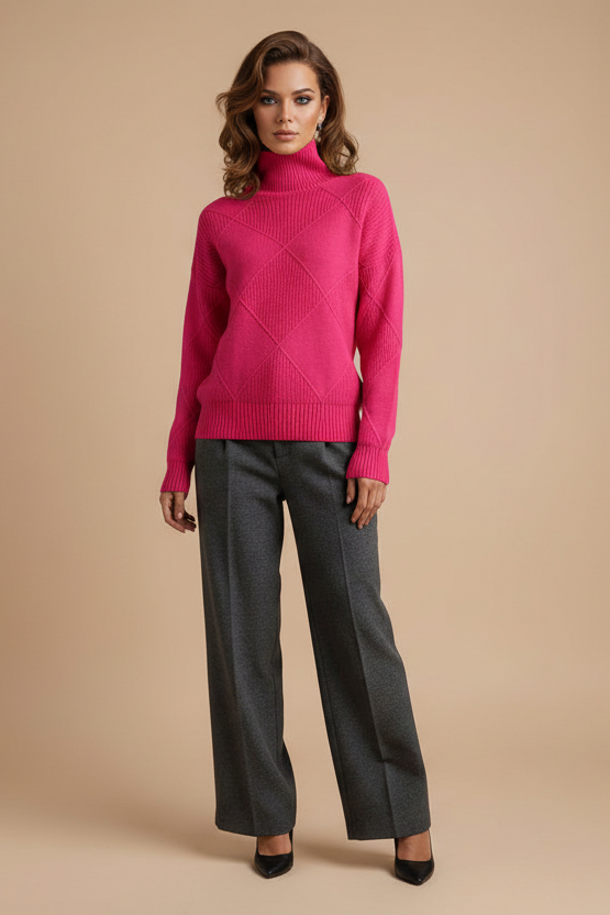 Ivory Ribbed Geometric Turtleneck Sweater