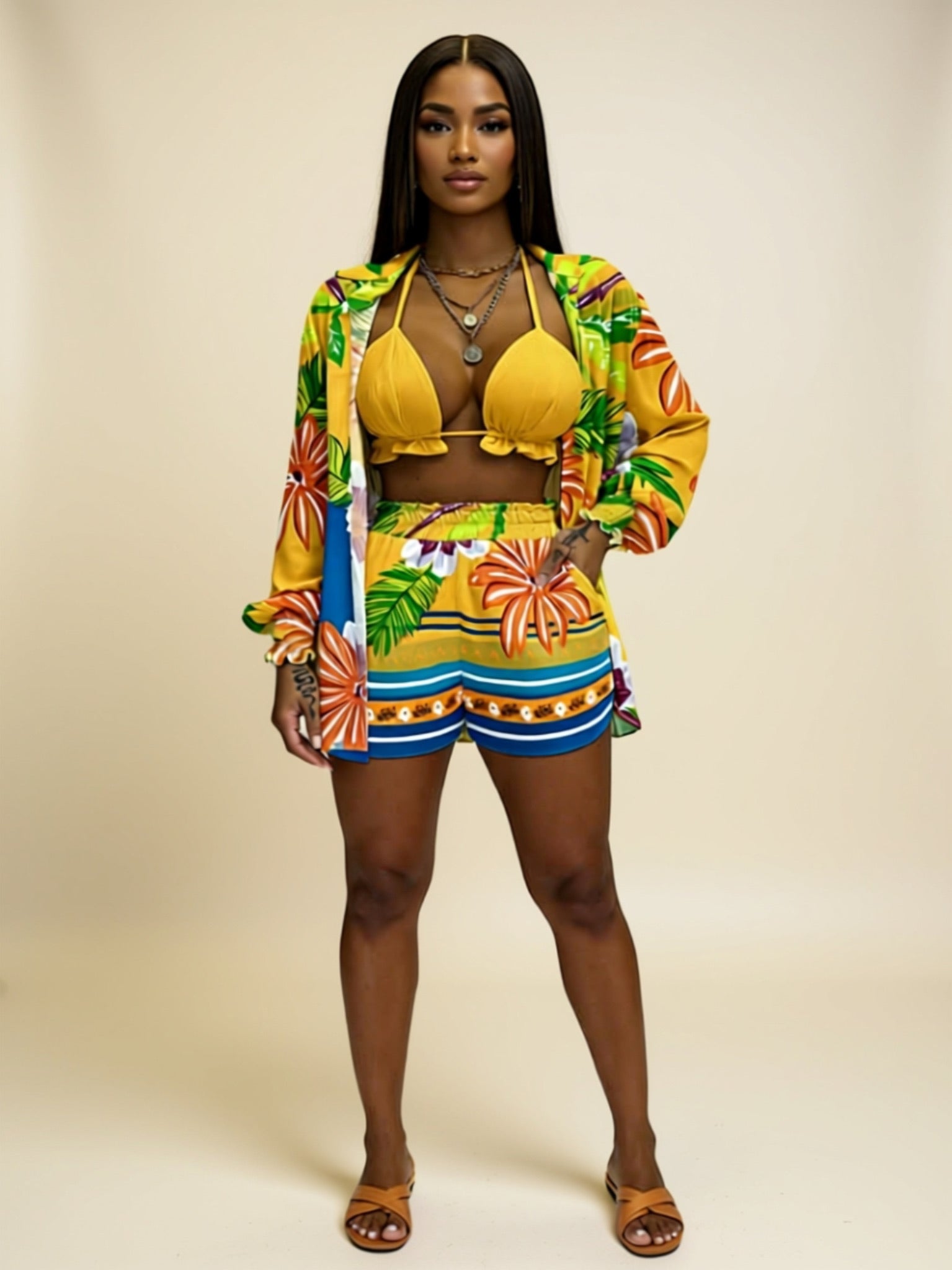 Tropical Print 3‑Piece Swim Set