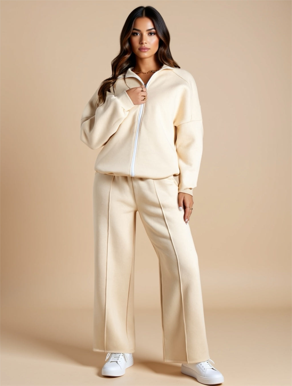 Ensemble de détente deux pièces à fermeture éclair – Pantalon large à cordon de serrage et veste à poches