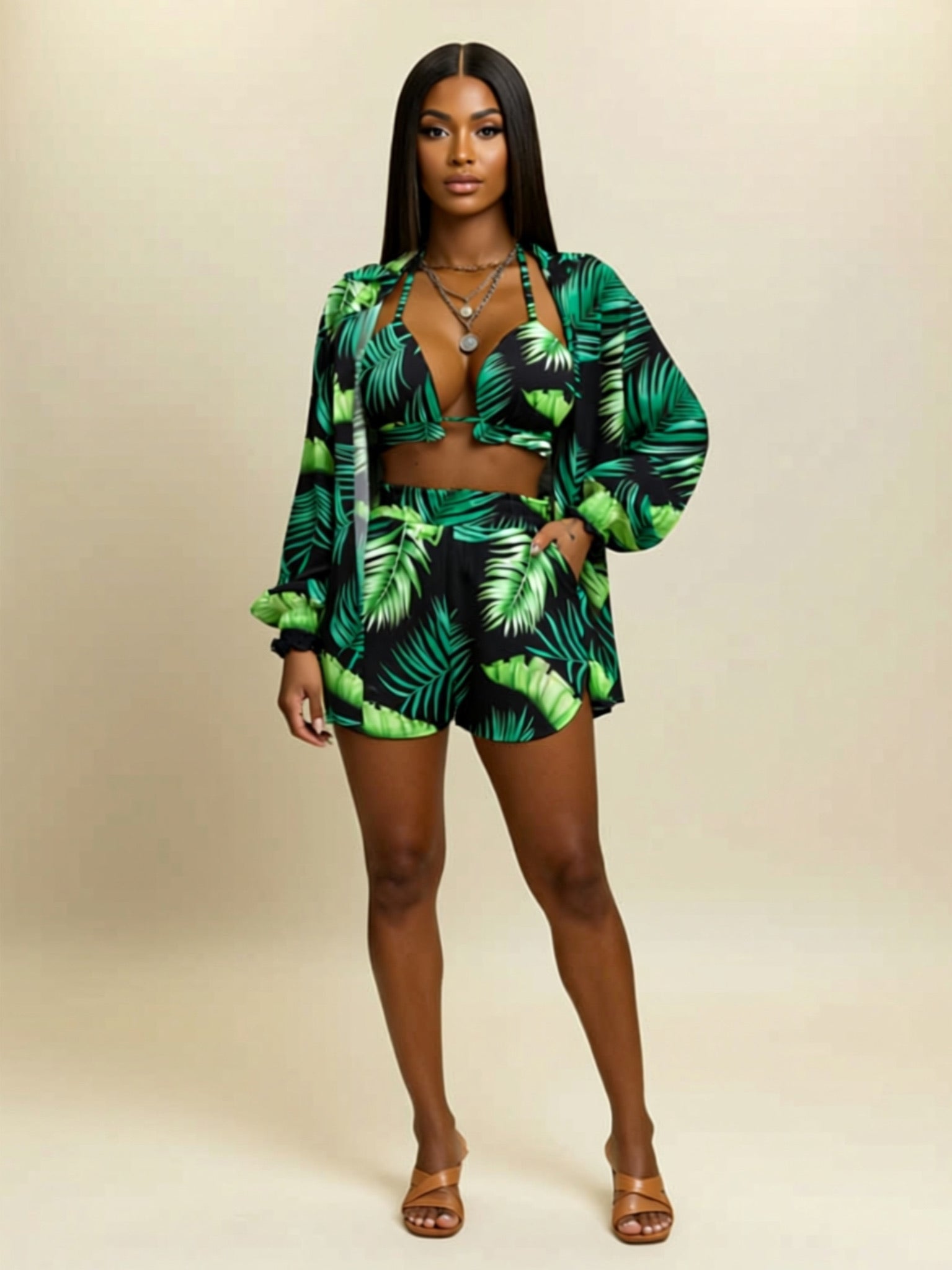 Tropical Print 3‑Piece Swim Set