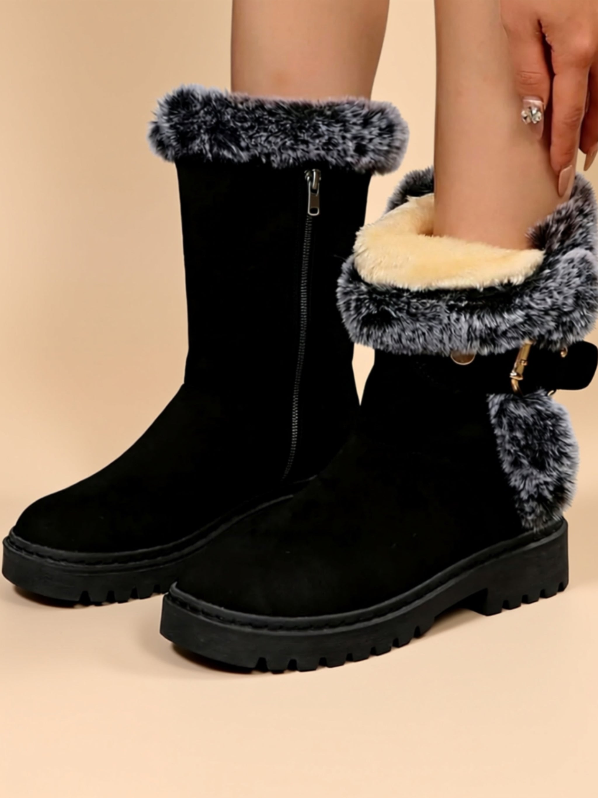 Mid‑Heel Vegan Leather Faux Fur Boots