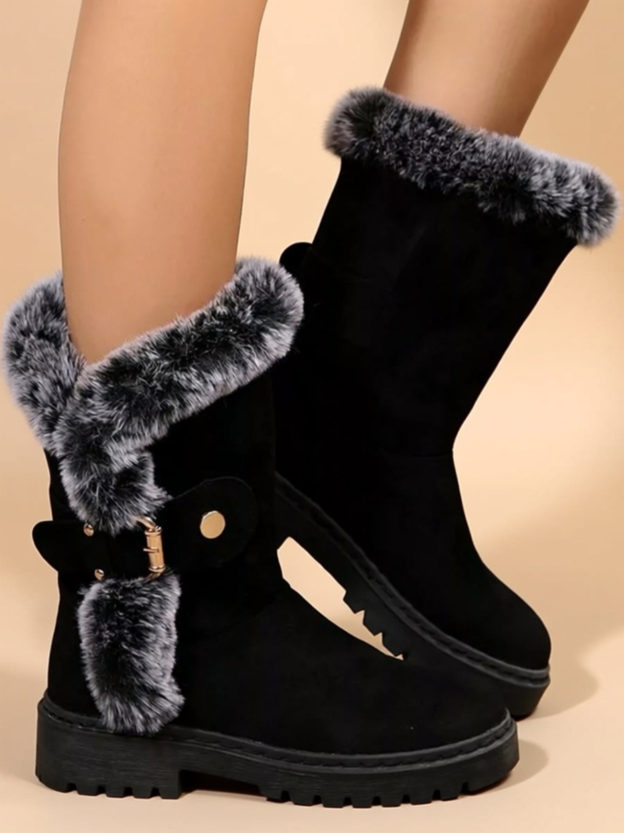 Mid‑Heel Vegan Leather Faux Fur Boots
